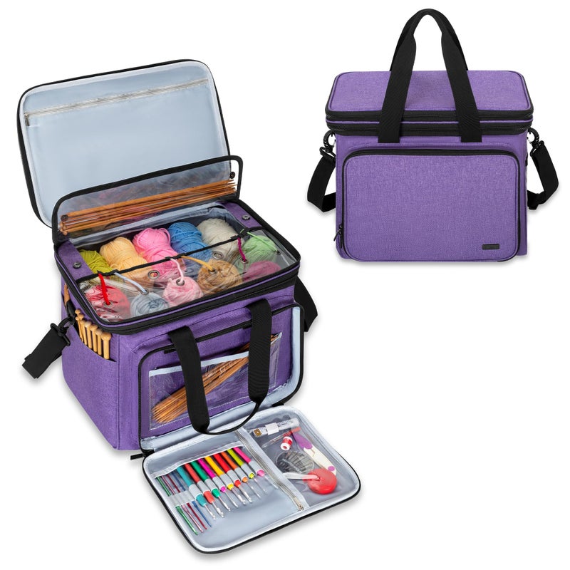 Teamoy Knitting Bag With Divider and Cover, Portable Yarn Storage Organizer for Crochet Accessories and Knitting Needles,Ideal for Knitting Enthusiasts, Purple - Image 1